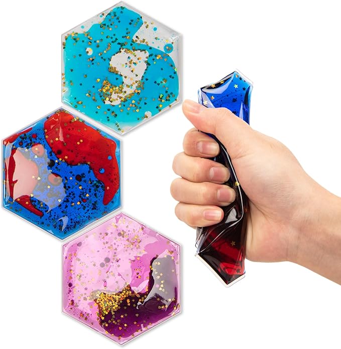 Art3d Hexagon Sensory Fidget Liquid Motion Tiles for Kids, Toddler, Teens - Interactive Soft Gel Liquid Play Mats for Home, Schools, Playrooms, Multi-Pack of 3 Tiles