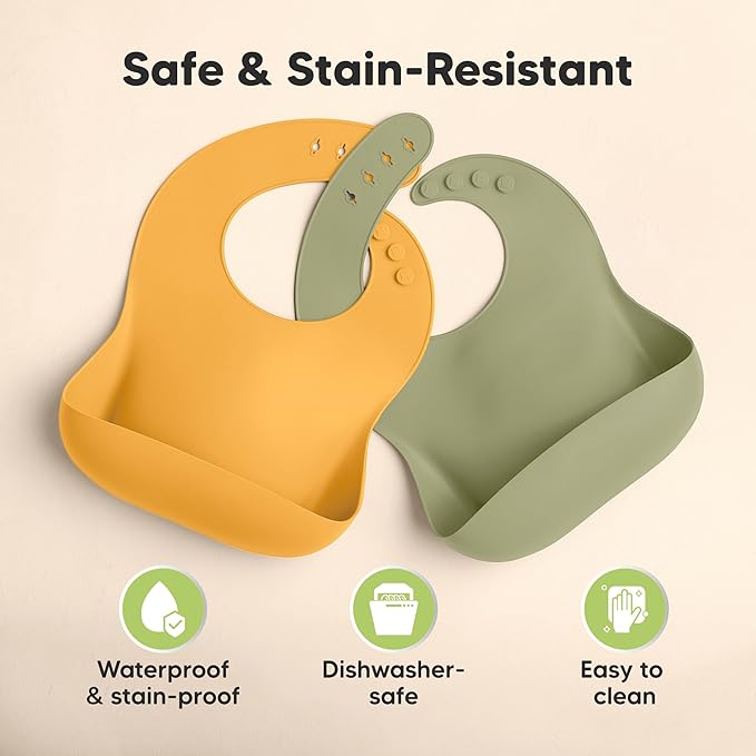 KeaBabies 2-Pack Silicone Baby Bibs for Eating - Sturdy Food-Grade Silicone Bibs for Babies Girl, Boy, Large Food Catcher, Clean & Put On Easily, Waterproof Toddler Feeding Essentials (Forest)