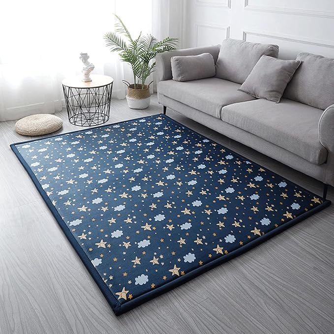 Loartee Coral Velvet Area Rug - 1" Thick Memory Foam Baby Play Mat, Washable Toddler Carpet, Home Decor for Living Room, Nursery, Kids Bedroom, Starry Blue, 4'3"x6'3"