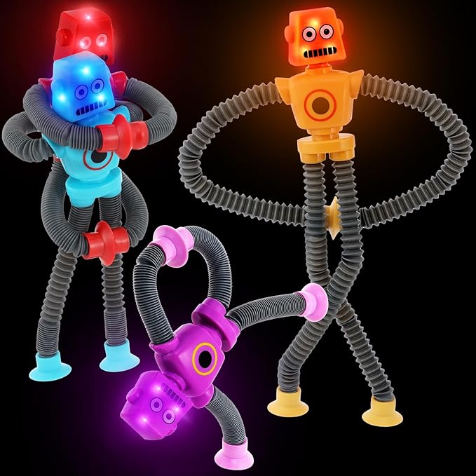 Pop Tubes LED Robot 4 Pcs Light Up Fidget Tubes Sensory Toys Robot Telescopic Suction Cup, Toddler Autism Stress Relief Stocking Stuffers Halloween Party Favors Travel Toys for Kids