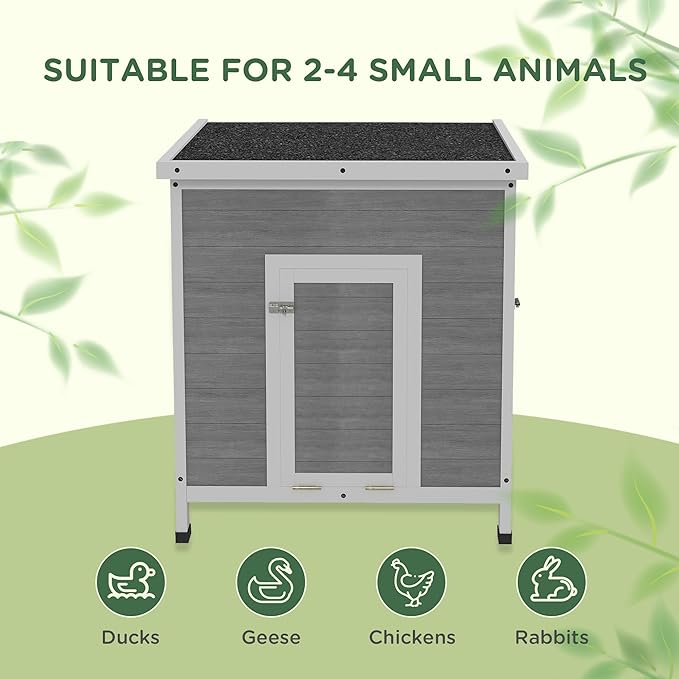 PawHut Duck Coop, Wooden Chicken House Rabbit Hutch with Openable Roof, Removable Floor, Double Doors, Ramp, Duck House for 2-4 Chickens, Geese, 25" x 32" x 30"
