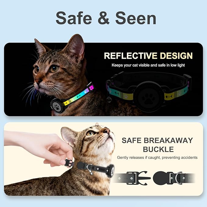 Airtag Cat Collar Breakaway, Reflective Cat Collar with AirTag Holder and Bell, Compatible with Apple Air Tag, Comfortable Padding, Adjustable, Durable (Black)