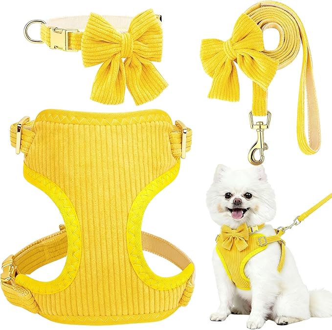 Small Dog Collar Harness and Leash Set, Dog Harness no Pull with Bowtie, Breathable Cotton Adjustable Pet Puppy Harness, Easy Walk Dog Harness, M(16-21")