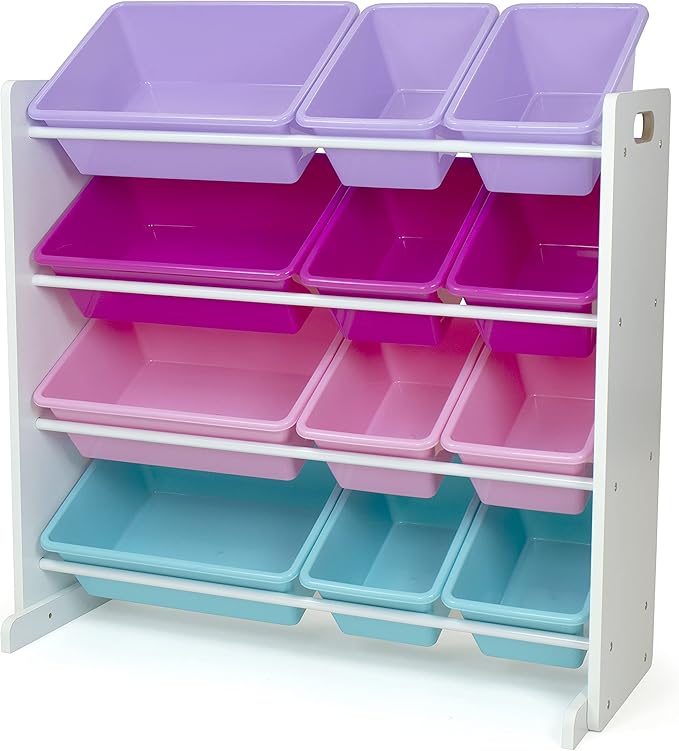 Humble Crew Kids Toy Storage Organizer with 12 Plastic Bins, White/Pink/Purple/Turquoise – Removable Bins for Playroom, Bedroom, Toddler Furniture for Boys and Girls Ages