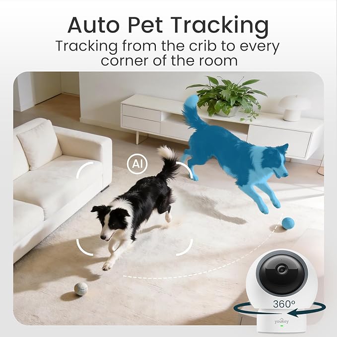 youkey 2.5K HD Indoor Pet Camera, Two-Way Audio Chat to Your Pets, 360° AI Pet Tracking, Privacy Mode, No Monthly Fees, Pet/Human Detection, Night Vision, WiFi 6（2.4GHz & 5GHz）