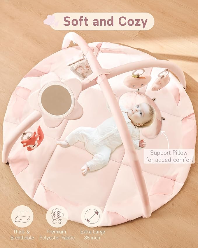 Fortella Baby Play Gym & Activity Mat, Tummy Time Mat w 5 Detachable Toys and Pillow, Large Sensory Playmat for Floor, Newborn Infant Baby Essentials Shower Gift 0-3-6-9-12 Months (Rose Pink)