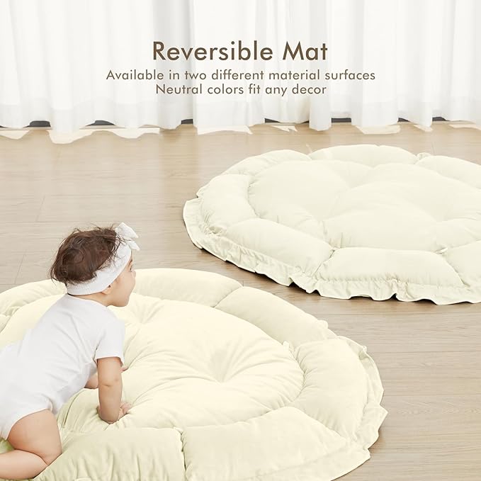 ANGELBLISS 5 in 1 Baby Play Gym Mat, Reversible Tummy Time Mat with 5 Sensory Toys for Stage-Based Developmental, Thick & Large Baby Activity Center from Newborn to Toddler (Beige)