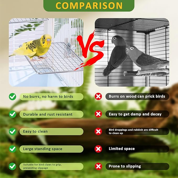 Stainless Steel Bird Perch for Cage, Open-Grid Easy Clean Parrot Perch Stand Platform, Claw-Friendly Grip Bird Cage Accessories for Cockatiel, Conure, Budgie, Parakeet, Small Medium Birds