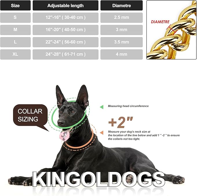 Gold Dog Collar Chain Stainless Steel 19K Gold Dog Collar Adjustable Walking, Metal Cuban Link Dog Collar Chew Proof Double Row Chain Dog Collar for Large Small Medium Dogs