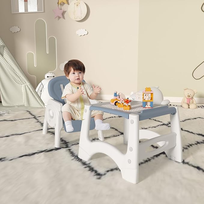 Xilingol 8 in 1 Convertible Baby High Chair W/Wheels, Baby Feeding Chair W/Adjustable Backrest & Removable Dual Tray, Building Block Table & Chair Set, HighChair for Babies & Toddlers (Blue)