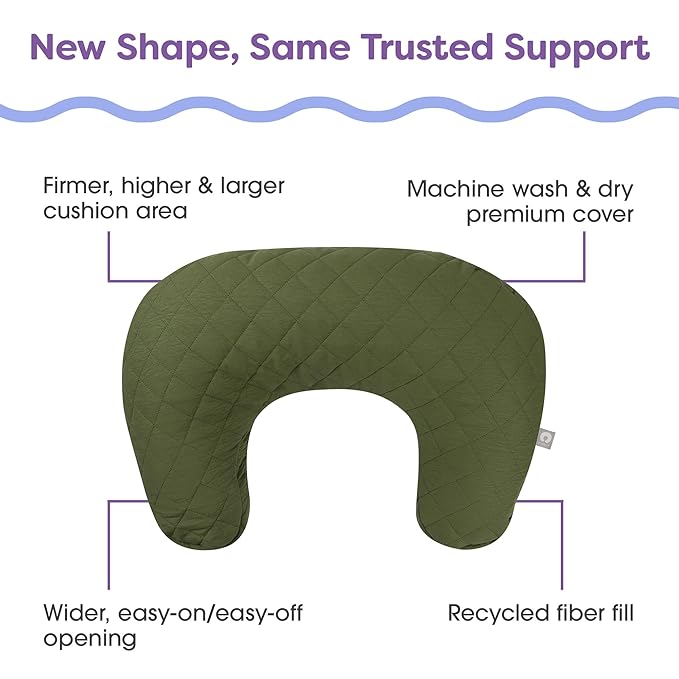 Boppy Nursing Pillow with Luxe Fabric Cover, Quilted Moss, Larger, More Supportive Pillow for Breastfeeding and Bottle Feeding; Firmer and Higher Than Original, w/Premium Cover; JPMA Certified