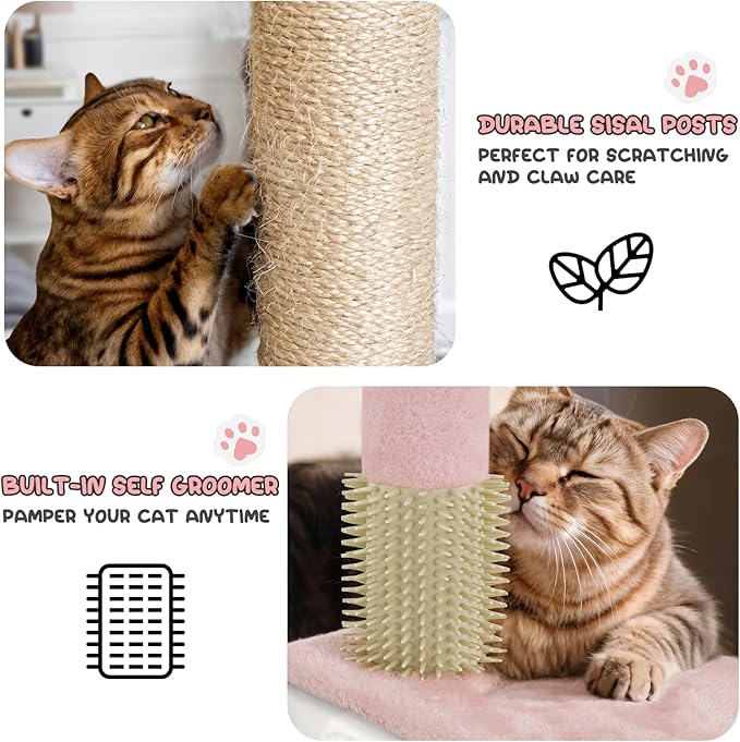 MoNiBloom 77 Inch Cat Tree Tower for Indoor Cats Large Adults, Tall Cat Tower with Scratching Post, Multi-Level Furniture Activity Center with Cat Condo Pet Play House, Soft Pink