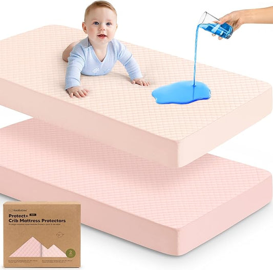 Waterproof Crib Mattress Protector Cover Fitted - 2-Pack Quiet Baby Crib Mattress Pad Sheets, 52" x 28" Soft Quilted Cotton Baby Sheet, Machine Washable, Easy Fit, Durable (Mist Rose/Quin)