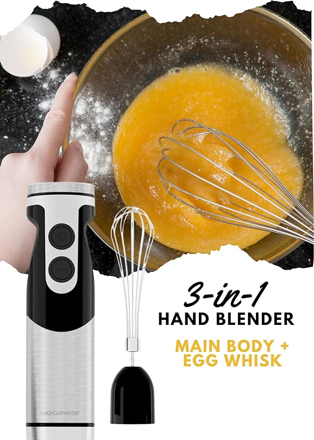 MegaWise Stainless Steel Titanium Reinforced 3-in-1 Immersion Hand Blender, Powerful with 80% Sharper Blades, 12-Speed Corded Blender, Including Whisk and Milk Frother (3-in 1 Black)