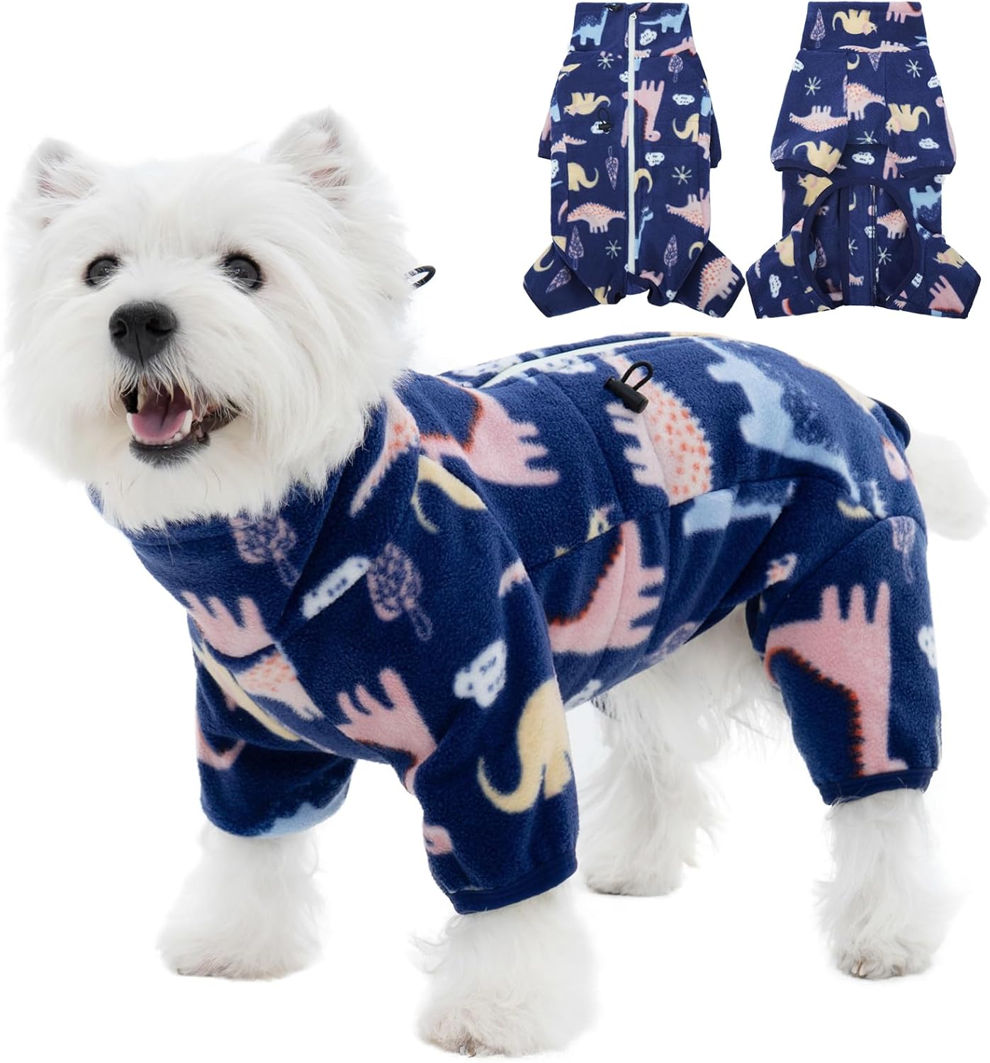 ROZKITCH Dog Winter Coat Soft Fleece Dog Pajamas, Pet Windproof Warm Cold Weather Jacket Vest with Reflective Zipper, Jumpsuit Apparel Outfit Clothes for Medium Dog Dinosaur S