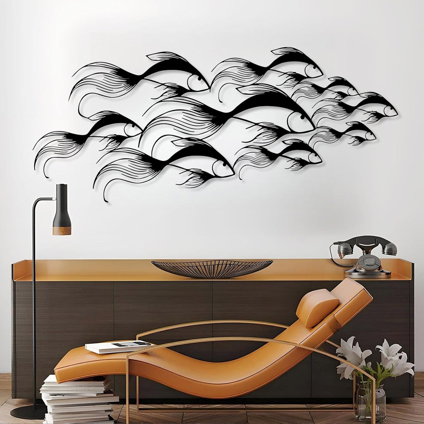 School of Fish Metal Wall Art, Metal Fish Wall Decor, Sea Life Wall Art, Large Nautical Wall Hanging, Modern Beach House Wall Decor, Ocean Themed Artwork for Bathroom (Silver, 30"x12" | 76x32cm)