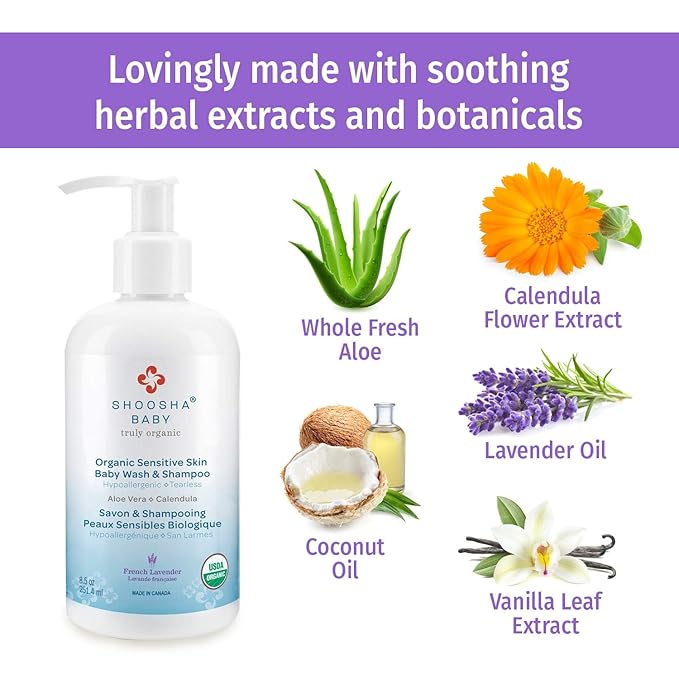 SHOOSHA Organic Sensitive Skin Baby Body Wash and Shampoo, 8.5oz, Hypoallergenic , Tear Free Safe for Kids and Pets