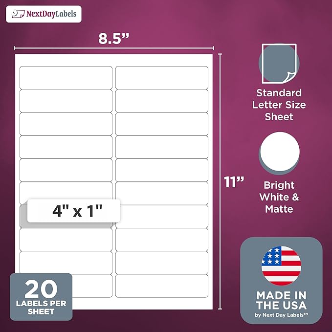 NextDayLabels – 4” x 1" Rectangular Sticker Labels for Printer - White Laser/Inkjet Printer Labels Return Address Labels Shipping Label Stickers (500 Sheets, 20 Per Sheet, 10000 Labels)