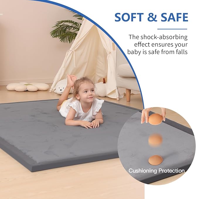 Ultra Soft Baby Play Mat for Floor,1.3" Thick Elasti-Foam 50x50 Playpen Mat for Toddlers Infant kids,Water-Repellent Coral Velvet for Tummy Time,Non-Slip Backing Safe for Crawling,Tatami Style (Dark Grey)