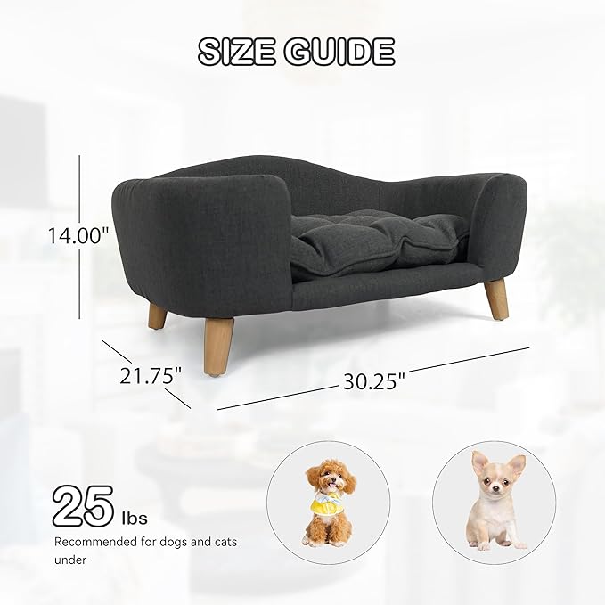 Dog Sofa Couch Bed for Small Dogs, Durable Fabric Rectangle Pet Sofa with Soft Cushion, Modern Elegant Elevated Mini Dog Couch Bed with Backrest and Armrests, Dark Gray