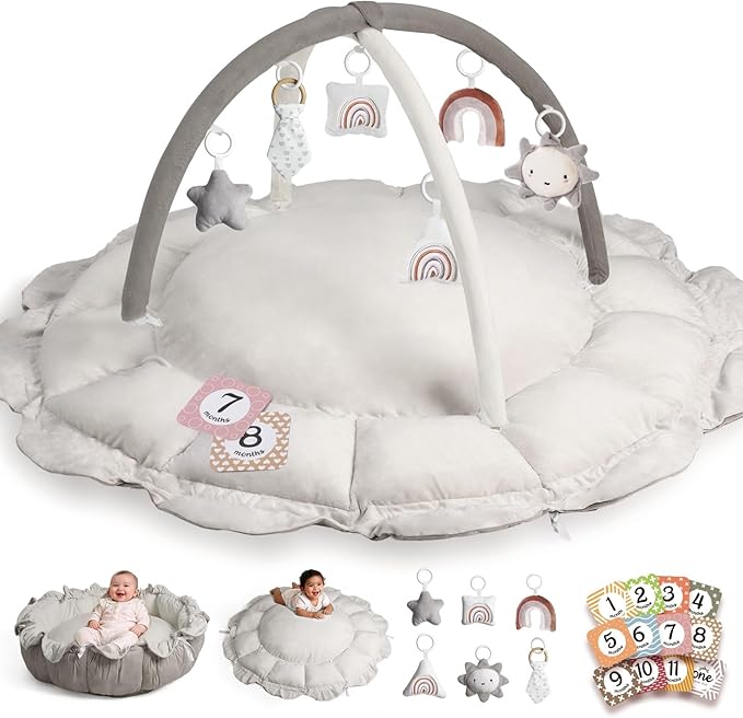 Little Dove 5-in-1 Convertible Baby Play Gym with 6 Toys, Tummy Time Mat for Sensory Development, Baby Activity Center from Newborn to Toddler, Ball Pit, Soft Plush Pet Mat, No Ball Included Grey
