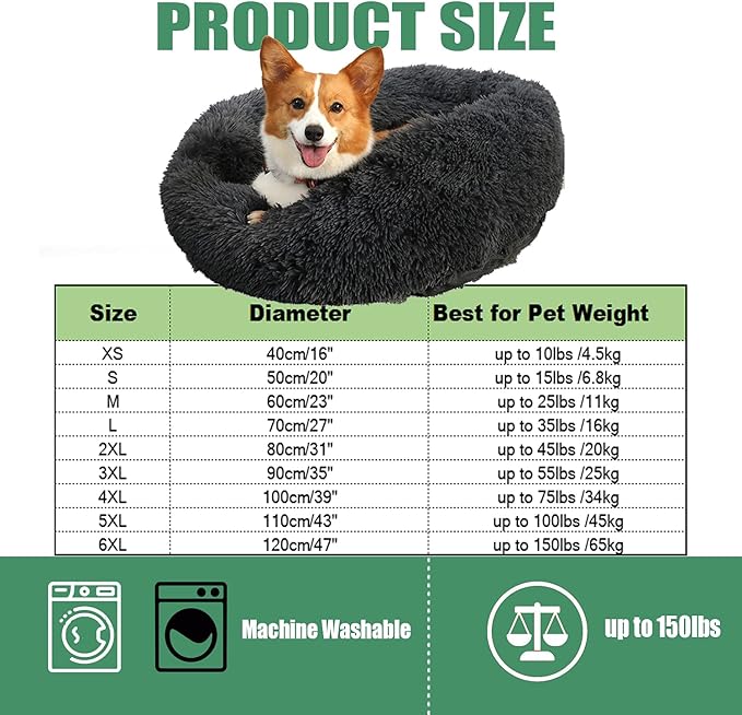 Calming Faux Fur Dog Beds Calming Donut Cuddler Dog Bed Washable Round Cat Bed Pillow Cuddler Fluffy Indoor Dog Calming Beds with Anti Slip Bottom Solid Color Dark Red 39 Inch