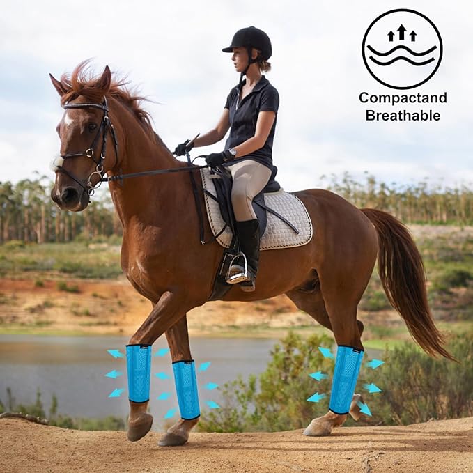 FOXLVDA Horse Fly Boots - Fly Boots for Horses Set of 8, Comfortable Horse Leggings, Mesh Material Design with Metal Support Bars for Reduces Stomping & Leg Fatigue (Blue-Orange, Large)