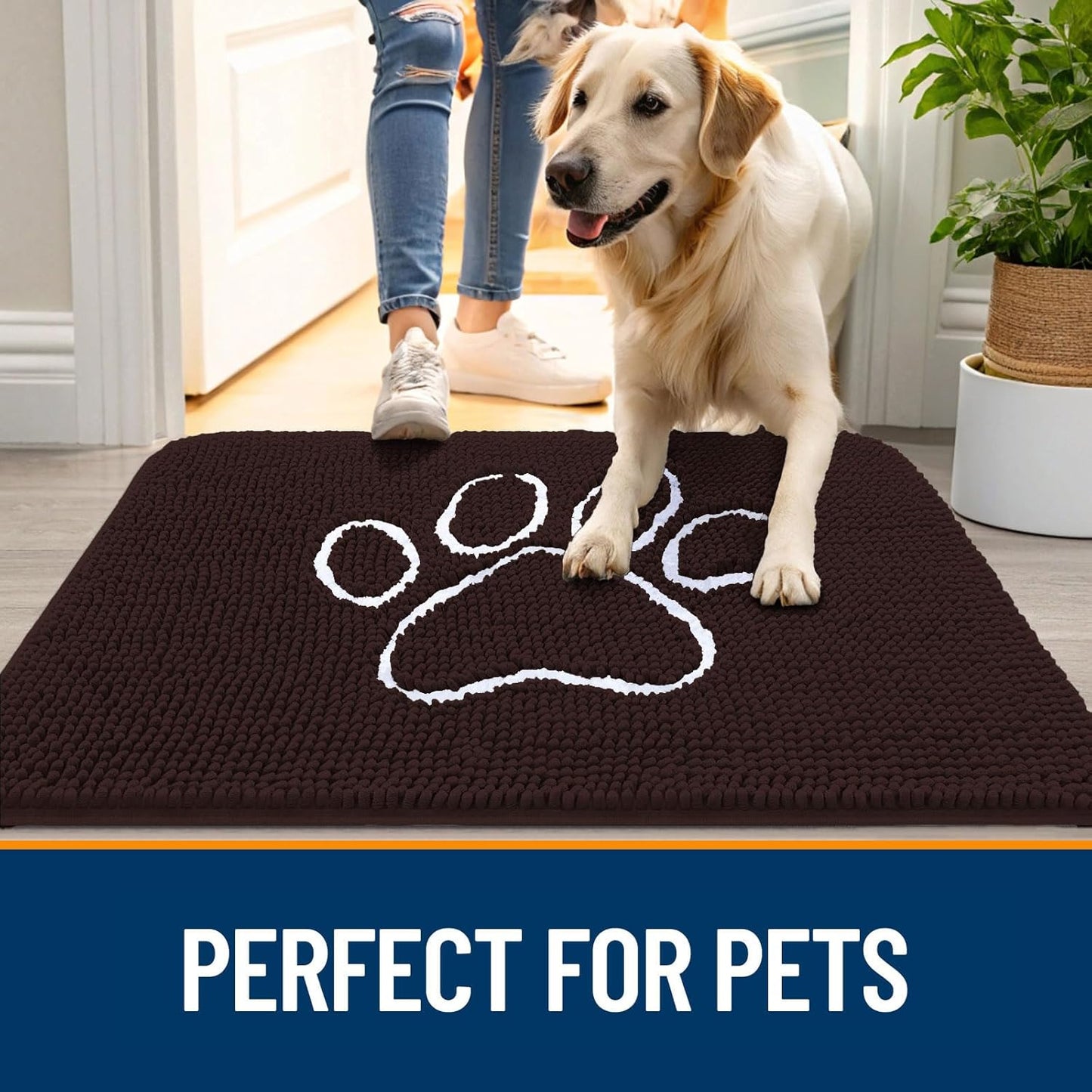 OLANLY Door Mat for Muddy Dog Paws 47x32, Ultra Absorbent Chenille Mud Doormat with Paw Print Design, Non-Slip Washable Doormat for Indoor Entryway, Quick-Dry Pet Bed Mats for Dirty Dogs, Brown