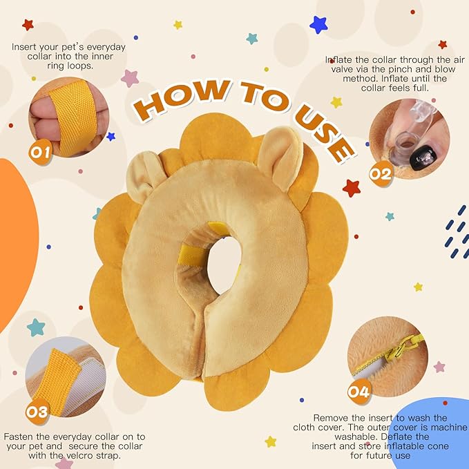 IEUUMLER Inflatable Recovery Dog Collar, Protective Donut Cone, Adjustable Soft Collar for Dog and Cat After Surgery Prevent from Biting & Scratching EU002 - Brown Lion M