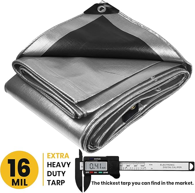 PROTARP Extra Heavy Duty 16 Mil Tarp Cover, Waterproof, UV Resistant, Rip and Tear Proof, Poly Tarpaulin with Reinforced Edges for Roof, Camping, Patio, Pool, Boat. (Silver/Black 12′ X 25′)