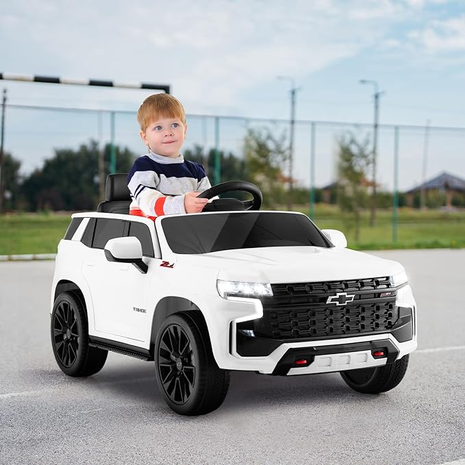 Costzon Ride on Car, 12V Licensed Chevrolet Tahoe Battery Powered Electric Vehicle w/ 2.4G Remote Control, High/Low Speed, Music, Lights, MP3/USB/FM, Spring Suspension, Electric SUV for Kids (White)