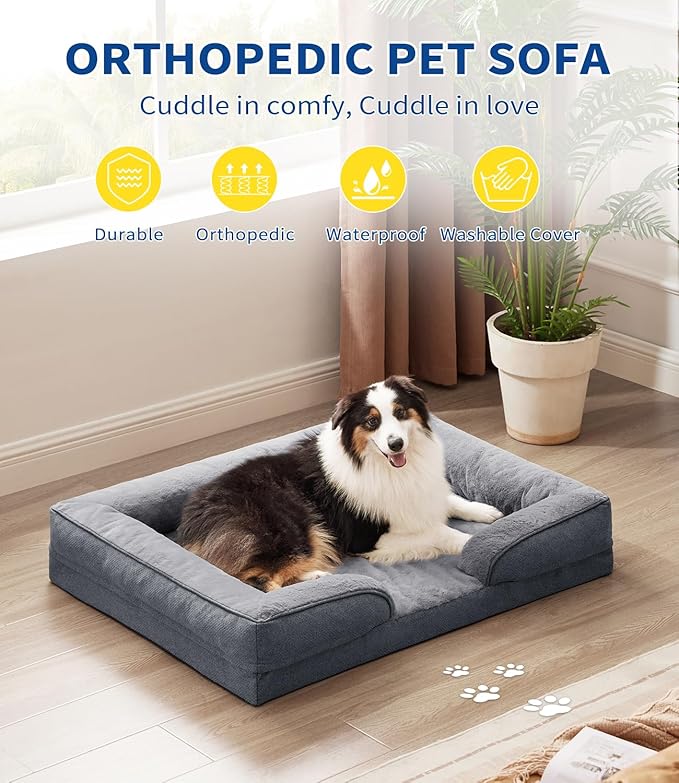 MADE 4 PETS Orthopedic Dog Bed for Extra Large Dogs, Supportive Foam XL Pet Bed Sofa with Washable Removable Cover, Waterproof Large Dog Couch Bed, Non-Slip Bottom and Egg-Crate Foam, Grey