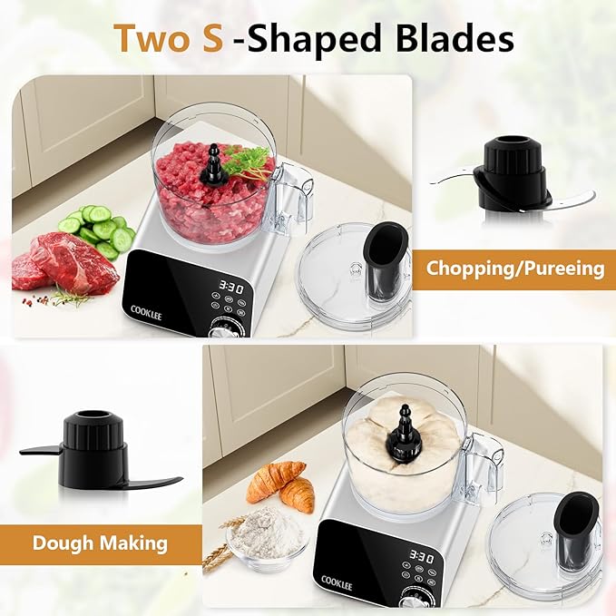 COOKLEE Food Processor, 600 Watts, 6 Functions Electric Food Chopper for Chopping, Mincing, Dicing, Shredding, Slicing, Purees & Dough with 12cup Processor Bowl, Food Chute & Pusher, Silver