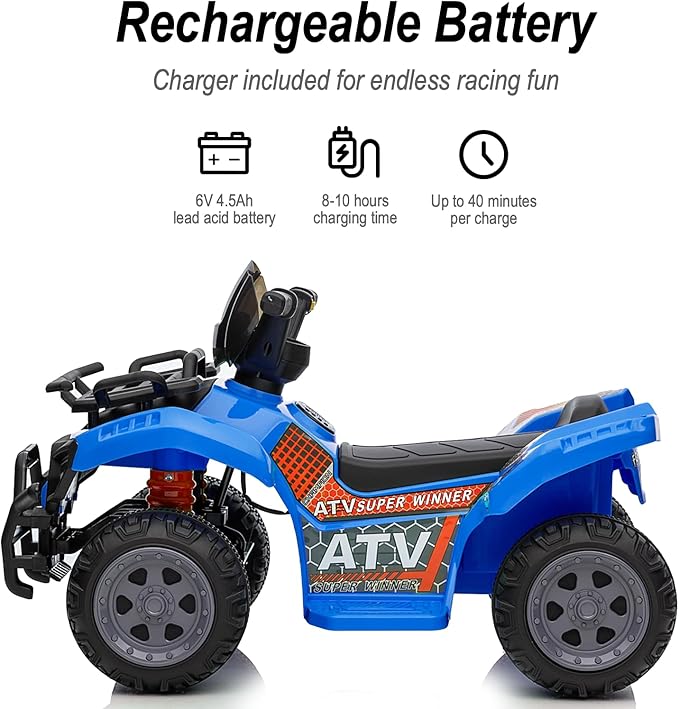 Kids ATV 4 Wheeler, 6V Ride-On Toy for Toddlers 1-3 Boys & Girls with Music, Forward & Reverse - Blue