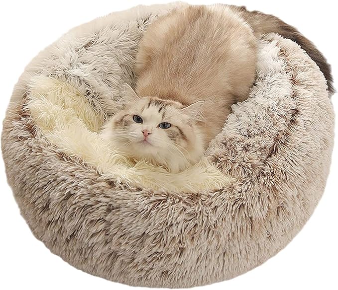 Plush Fluffy Dog and Cats Round Bed – Ultra-Soft Faux Fur Pet Shell Nest with Raised Bolster Edge, Self-Warming Calming Nest for Small to Large Pets (Gray, Medium（20“）)