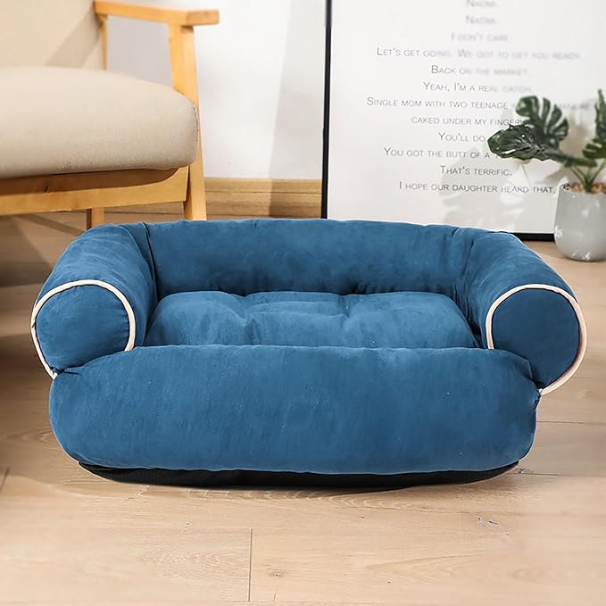 Suede Sofa Dog Bed, Multiple Sizes Orthopedic Memory Foam Mattress, Durable and Calming, Washable Dog Bed with Anti-Slip Bottom M Blue