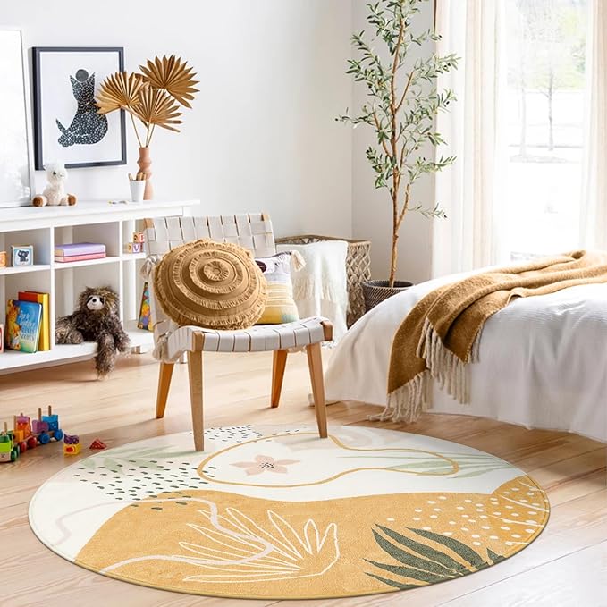Lahome Boho Round Area Rug 4Ft - Washable Non-Slip Kitchen Rug, Bedroom Carpet, Ultra-Thin Soft Cute Nursery Kids Room Rug, Botanical Print for Dorm Bathroom Classroom Entryway
