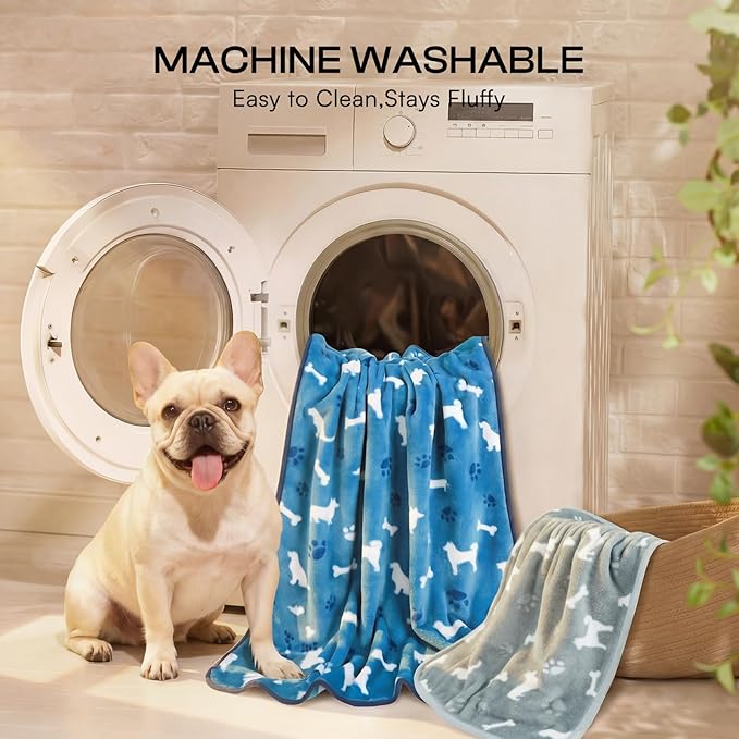 Luciphia 1 Pack 3 Blankets, Cute Dog Printed Fluffy Fleece Pet Blanket for Dogs Cats Washable, Warm Soft Throw Cover for Crate Couch, Gifts Puppy Essentials, Blue/Grey/Khaki, Medium (30x20 inch)
