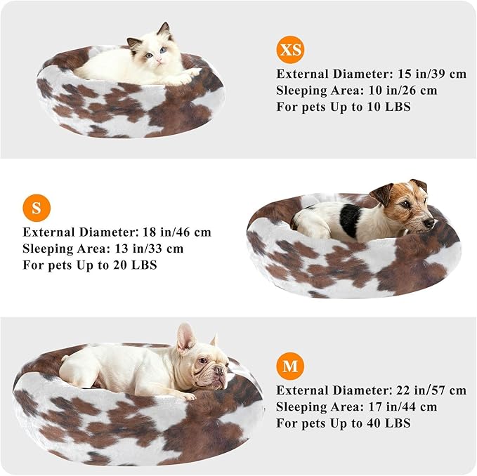 Round Cat Bed Dog Bed,20in Cow Print Washable Non-Slip Bottom Soft Pet Bed for Small Medium Dogs and Cats