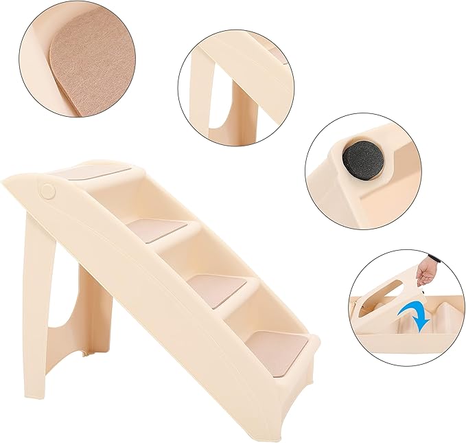 Kojem Foldable Pet Stairs Dogs & Cats Steps for High Bed Couch Truck SUV 4 Non-Slip Steps with Support Frame Indoor Outdoor Portable Pet Ladder Beige PP
