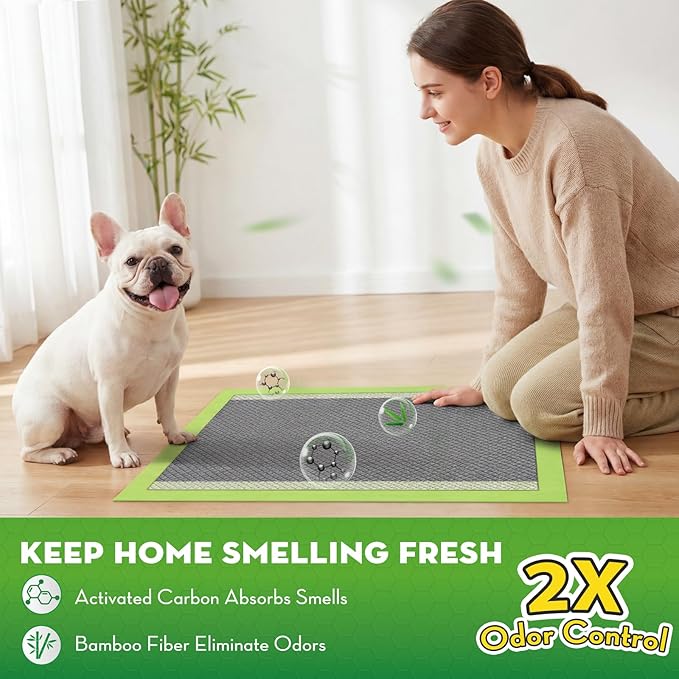 CROCI Pee Pads for Dogs, 22"x22" Small Puppy Pads 100 Counts, 2X Odor-Control with Charcoal & Bamboo Material, 4-Corner Adhesive Tabs, Super Absorbent & Leak-Proof
