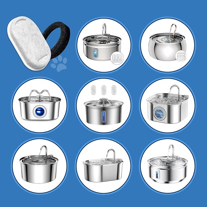 Kactoily 18 Pack Cat Water Fountain Filters for 108oz/3.2L & 67oz/2L Stainless Steel, Cat Fountain Filter Replacement(18 Filters & 18 Sponges)