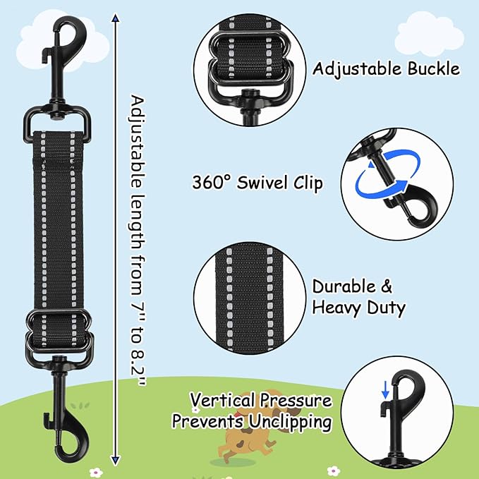 YUEPET Dog Safety Collar Clips 2 Pack Adjustable Prong Collar Backup Clips Reflective Double Ended Backup Clasp Leash Connector for Dog Harness to Collar Safety Clip(Trapezoid Black*2)
