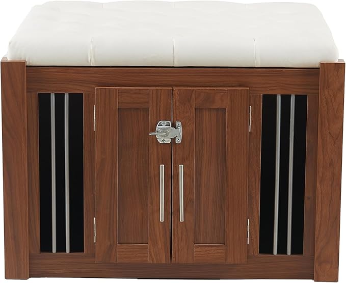 2 in 1 Night Stand with Storage & Dog Crate Furniture, Luxury Wooden Side Table Dog Kennel, Dogs Cage House Kennel End of Bed Bench Ottoman with Removable Cushion,Walnut-MDFMetal