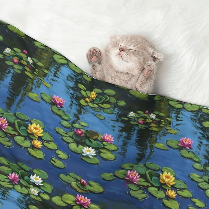 Reversible Plush Throw for Dogs and Cats, Water Lilies Monet Painting, Double Sided Blanket with Nubby Dot Side and Sleek Side Ideal for Cuddling Nesting Security
