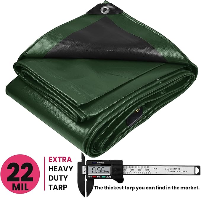PROTARP Extreme Heavy Duty 22 Mil Tarp Cover, Waterproof, UV Resistant, Rip and Tear Proof, Poly Tarpaulin with Reinforced Edges for Roof, Camping, Patio, Pool, Boat. (Green/Black 50′ X 100′)