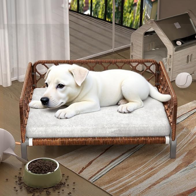 Dog Bed with Egg Crate Foam Support, Brown PE Wicker Orthopedic Pet Couch Bed with Washable Removable White Cushion, Outdoor Dog Sofa Bed for Medium, Small Dogs