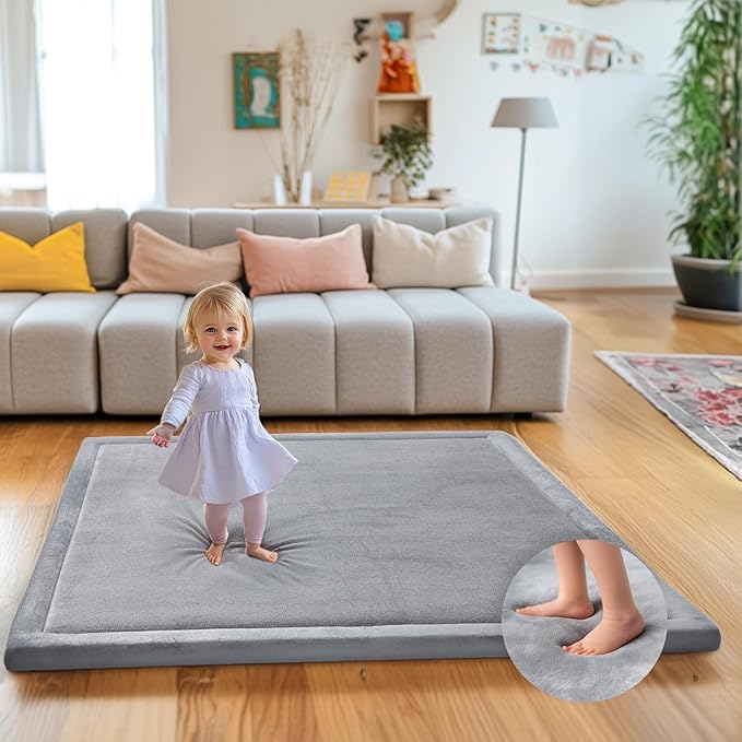 Ultra Soft 1.3" Thick Baby Play Mat for Floor, Large Velvet 50x50 Playpen Mat, Baby-Safe & Non-Slip Tummy Time Mat, Crawling Mat for Babies, Toddlers, Infants, Kids, Easy Care, 50"x50", Gray