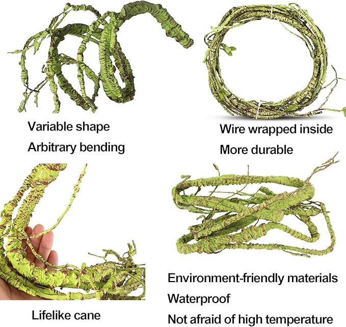 kathson 8 PCS Reptile Vines Plants Flexible Bendable Jungle Climbing Vine Terrarium Plastic Plant Leaves Pet Tank Habitat Decor for Bearded Dragons Lizards Geckos Snakes Frogs and More Reptiles