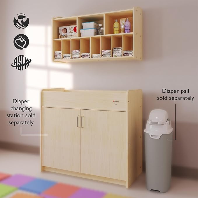 Foundations Wall-Mounted Diaper Organizer for Daycares, 3 Large & 8 Small Storage Compartments, Wood Construction, Maximum Durability